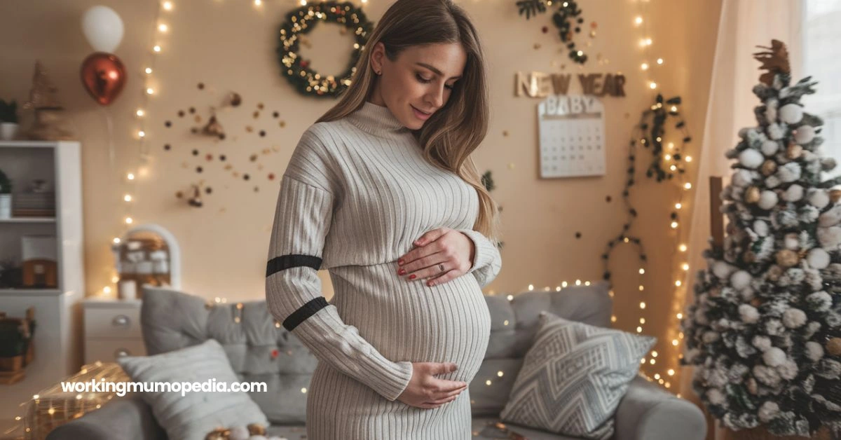 "Pregnant woman cradling her baby bump in a cozy living room decorated with Christmas lights, a festive wreath, and a Christmas tree, with a calendar in the background displaying 'New Year Baby.
